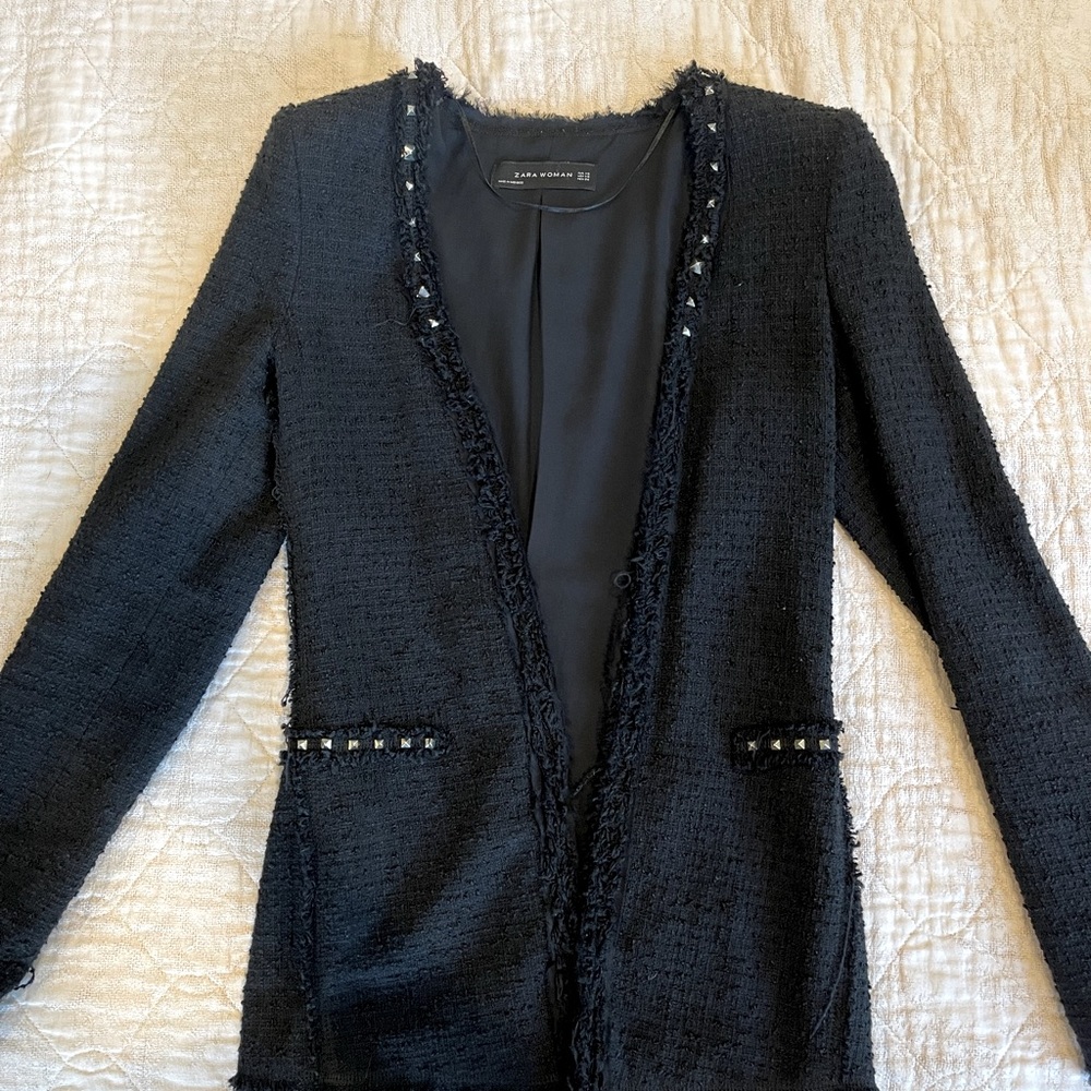 Zara Boucle Tweed Structured Jacket With Studs, Xs - image 3